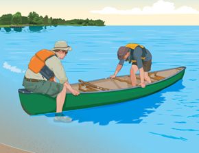 A drawing two people landing a canoe on shore.